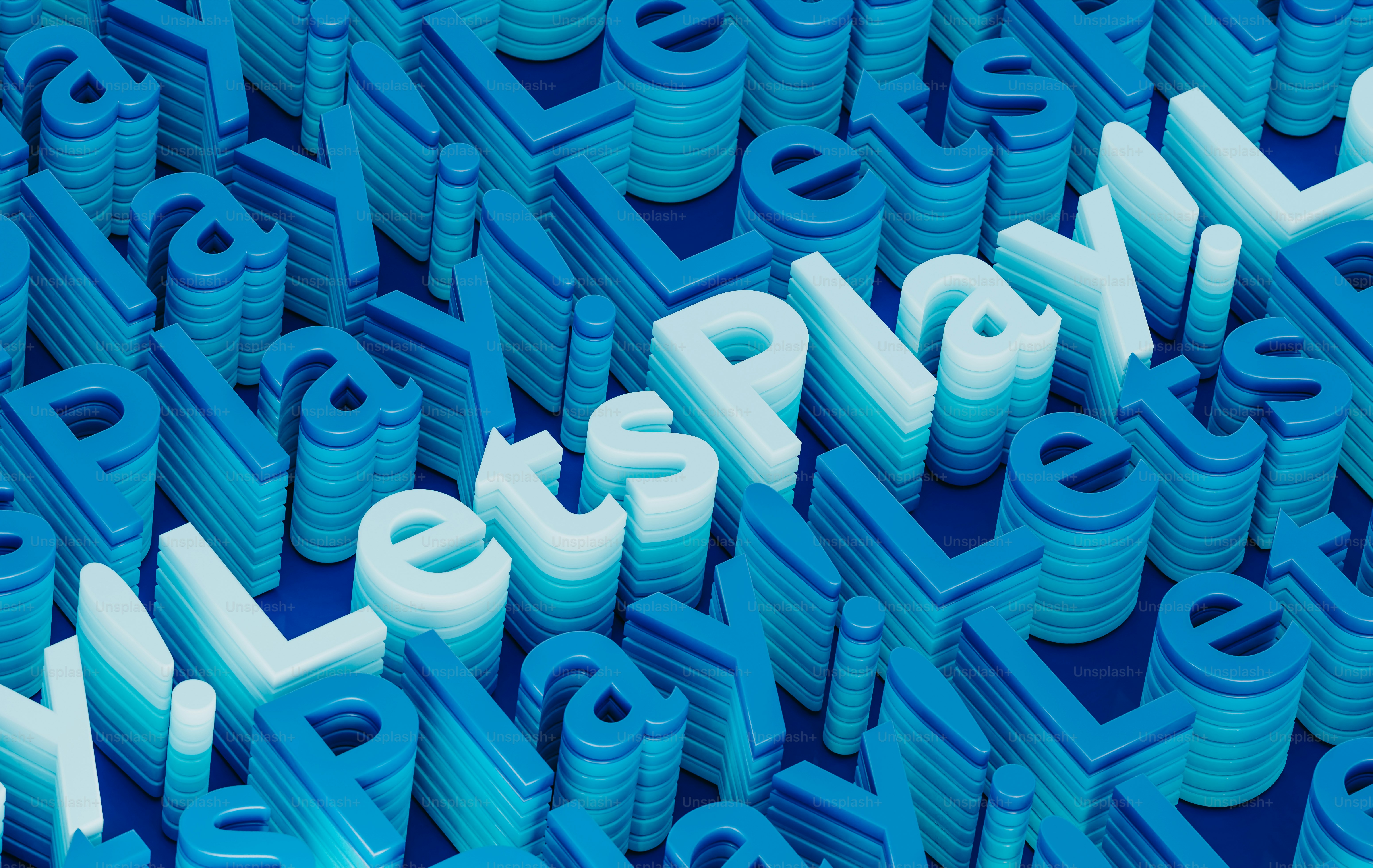 a large group of blue and white letters