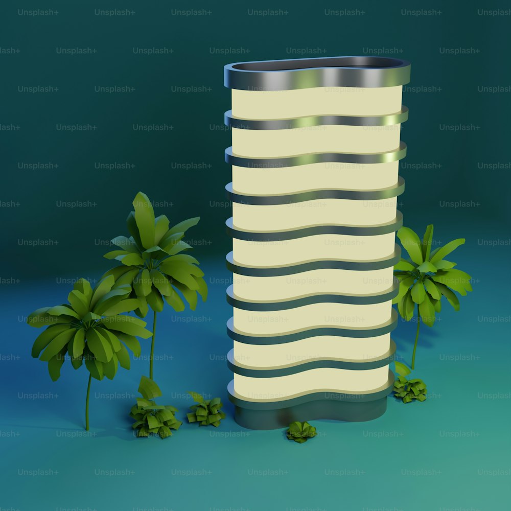 eine hohe weiße Vase neben einer grünen Pflanze