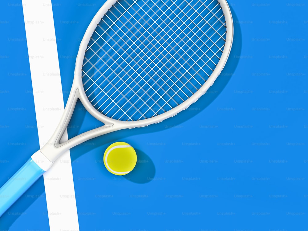 uma raquete de tênis e uma bola de tênis em uma superfície azul