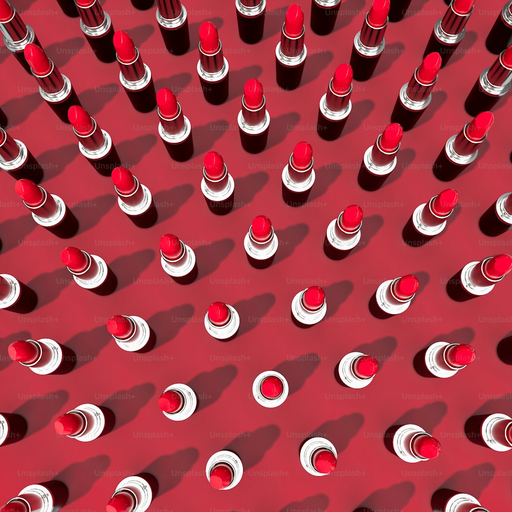 a large group of red and white bottles