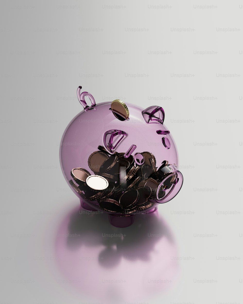 a purple glass piggy bank filled with lots of coins