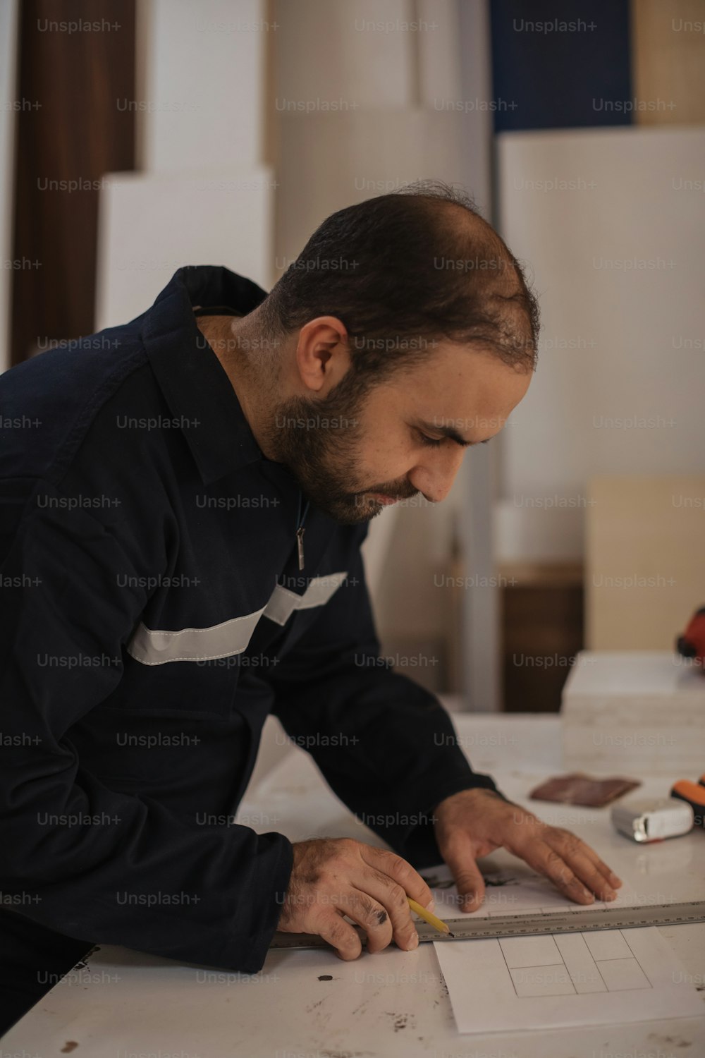 un uomo seduto a un tavolo che lavora su un pezzo di carta