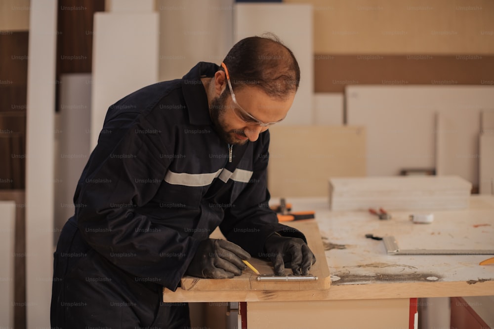 a man in a black jacket working on a piece of wood