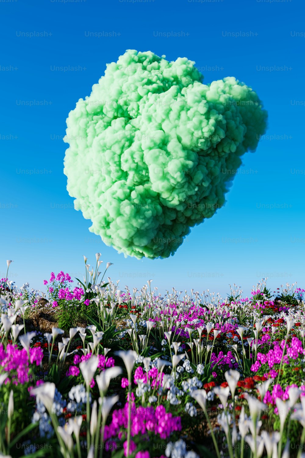 a cloud of green and purple flowers floating in the air