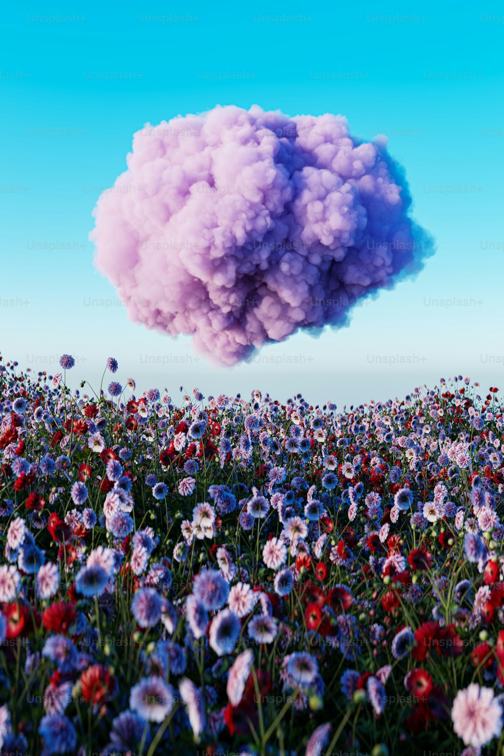 uma nuvem de fumaça está flutuando sobre um campo de flores
