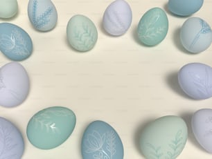 Un grupo de huevos azules y blancos con diseños en ellos