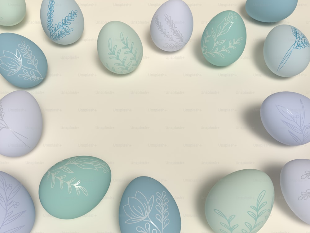 a group of blue and white eggs with designs on them