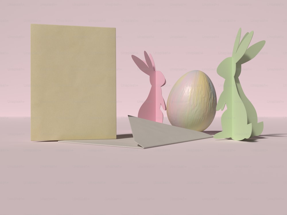 a group of paper rabbits next to an egg