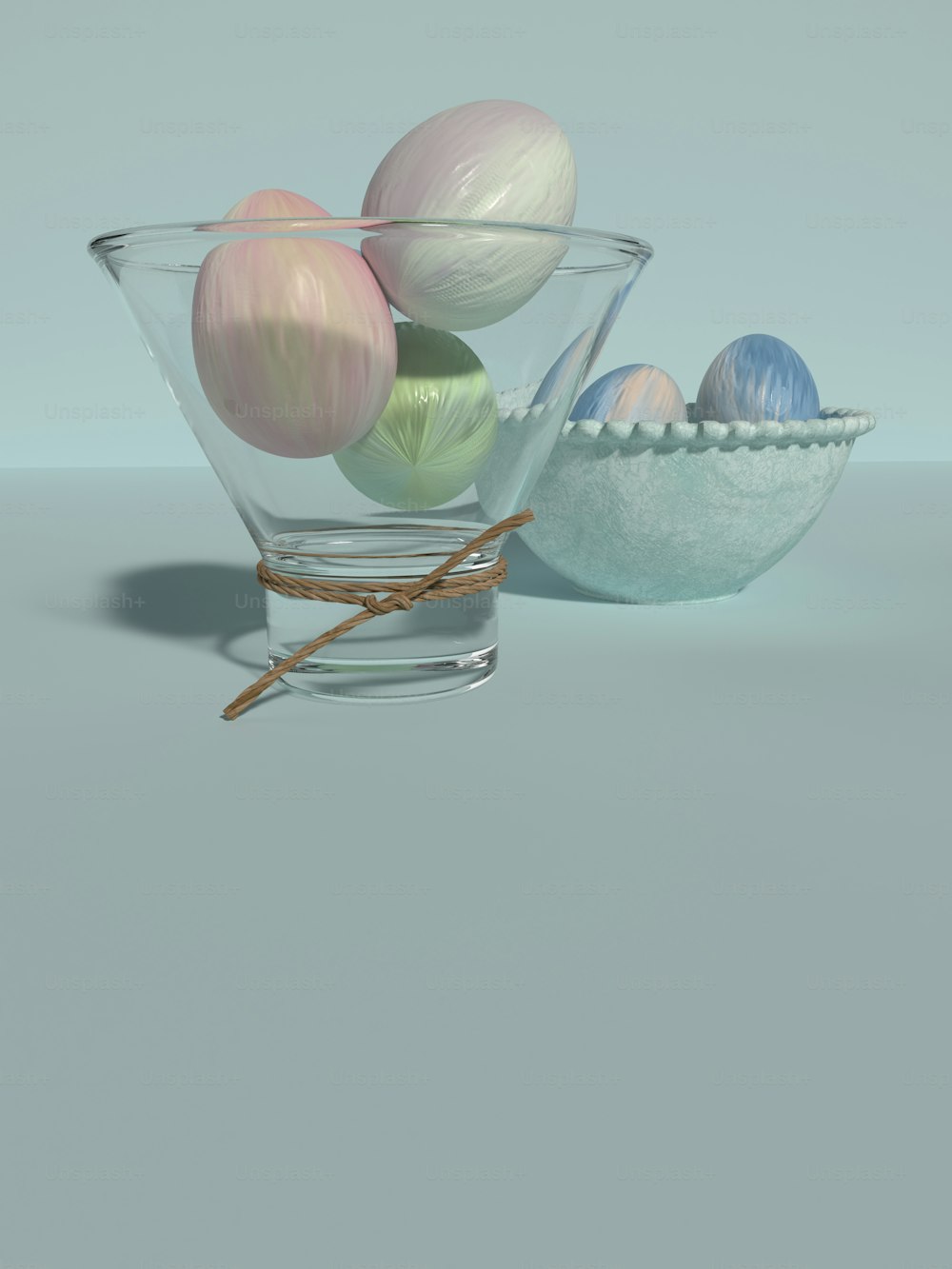 a glass bowl filled with eggs on top of a table