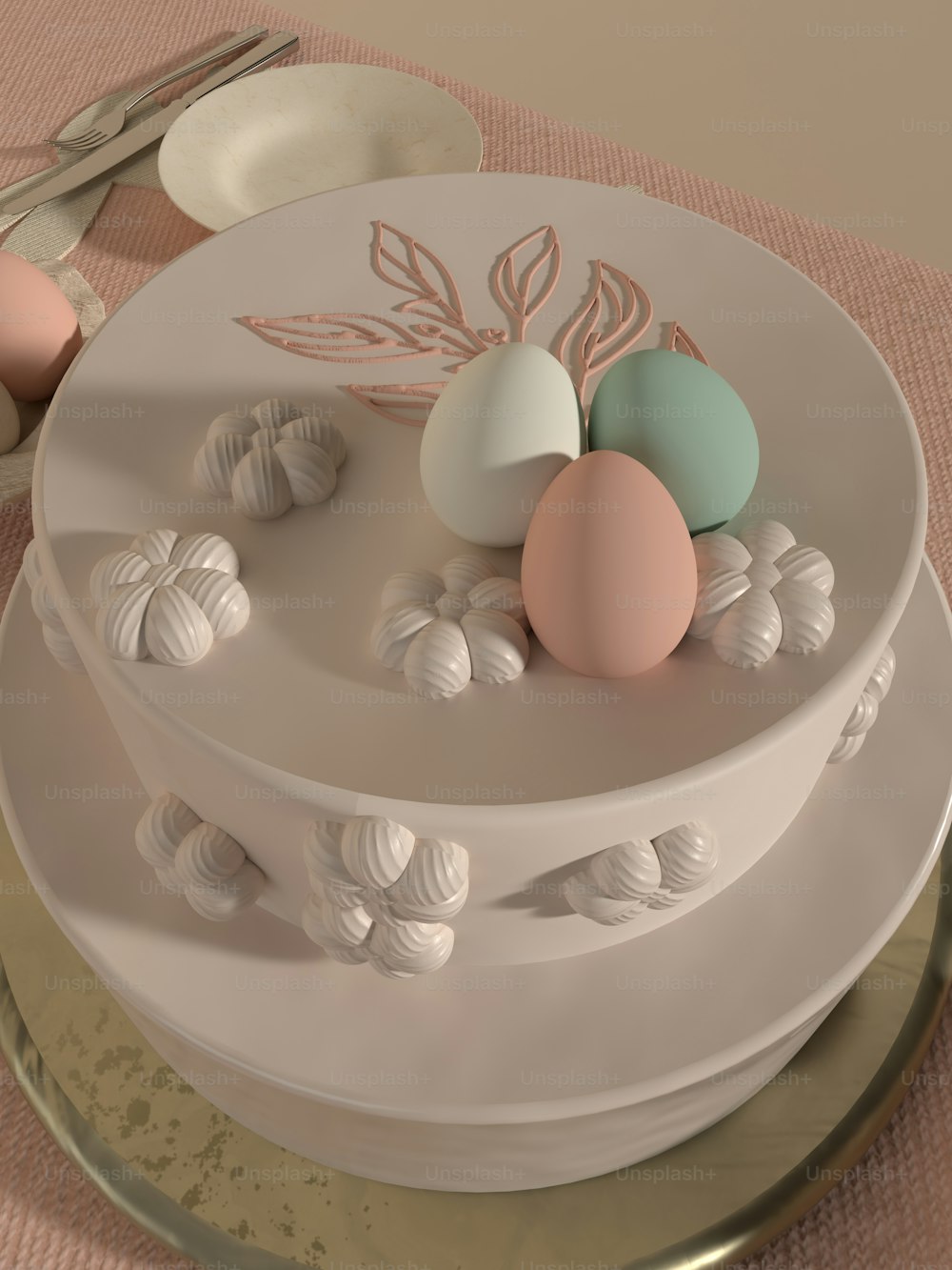 ein dreischichtiger Kuchen mit pastellfarbenen Eiern oben drauf