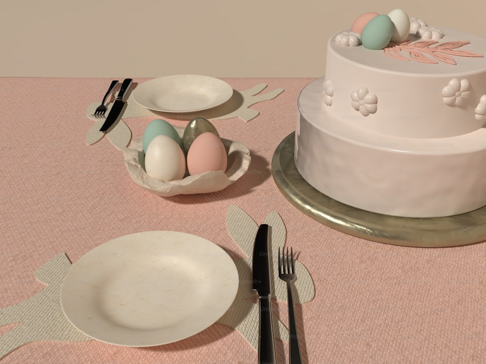 a table with a cake, plate, fork and knife