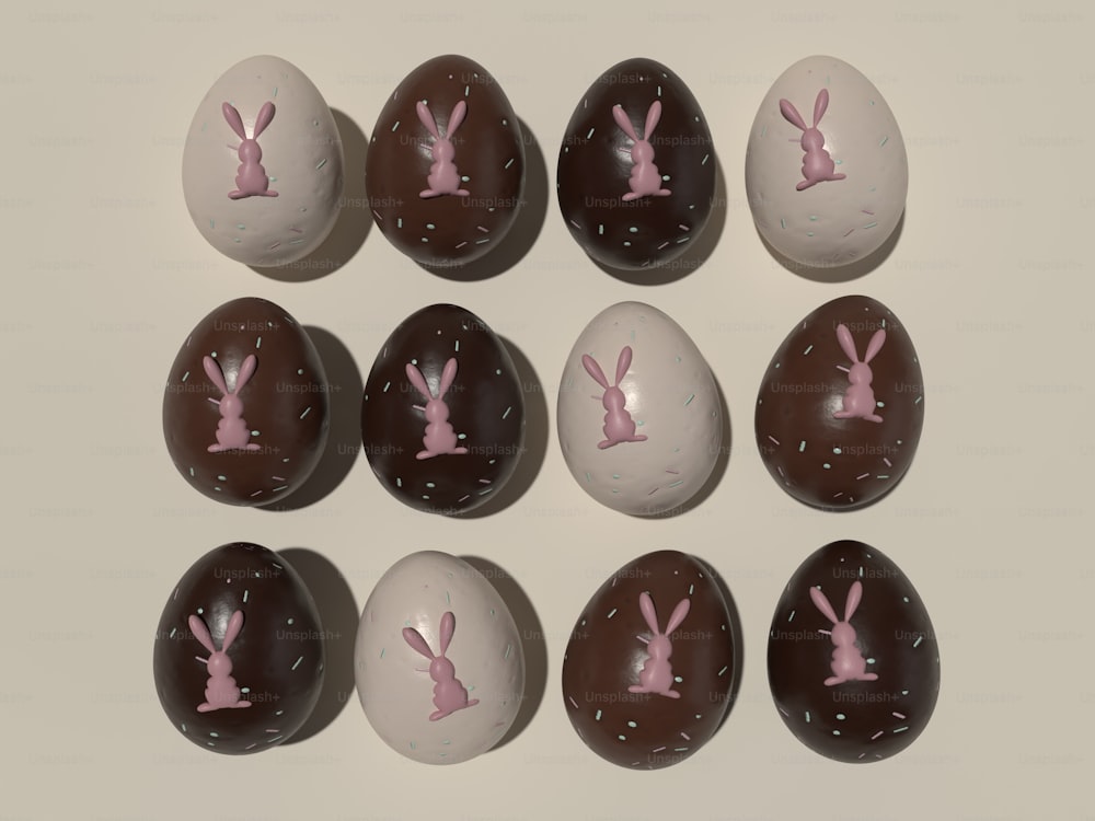 분홍색 토끼 귀가 달린 초콜릿 달걀 그룹