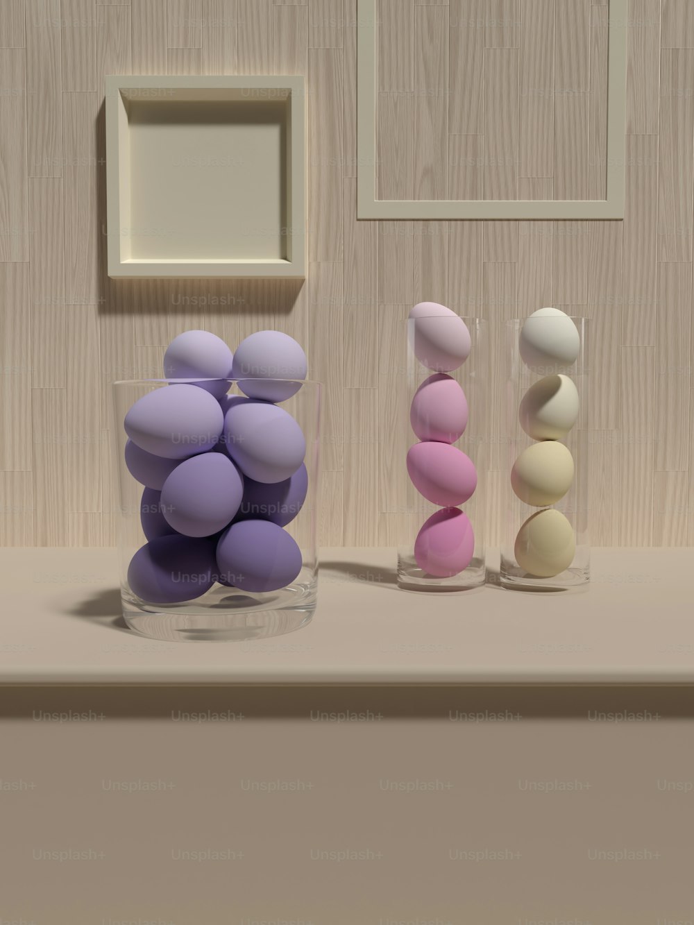 a group of three vases sitting on top of a counter