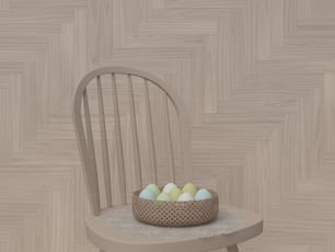 Una canasta de huevos sentada en una silla