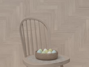 a basket of eggs sitting on a chair