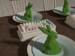 ein Tisch mit Tellern gefüllt mit Kuchen und Hasen