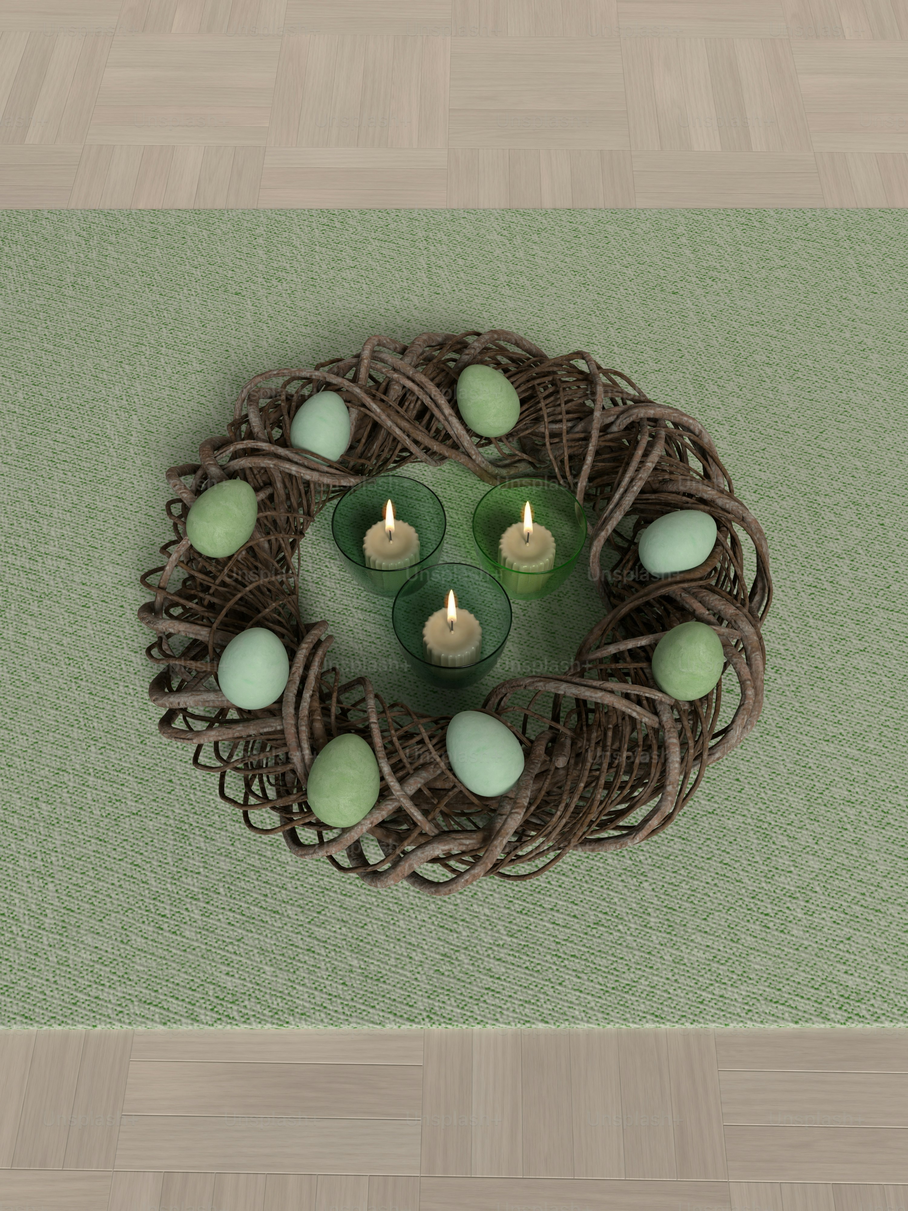 A group of candles sitting on top of a nest filled with eggs photo