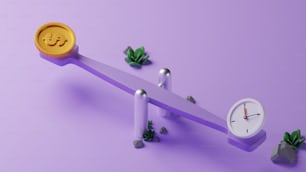 Un reloj sentado encima de una barra púrpura