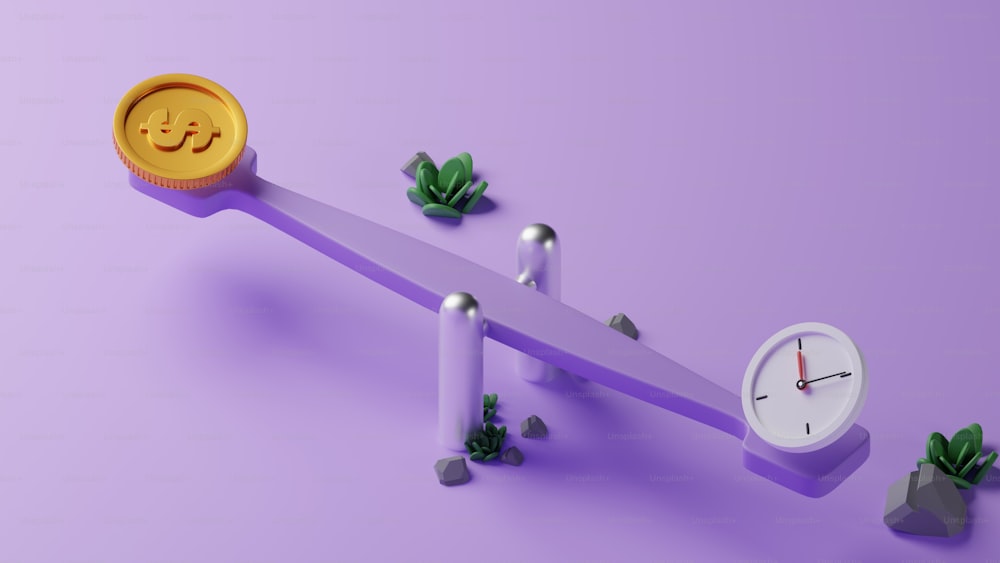 a clock sitting on top of a purple bar