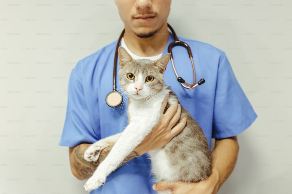 a man in a blue shirt holding a cat