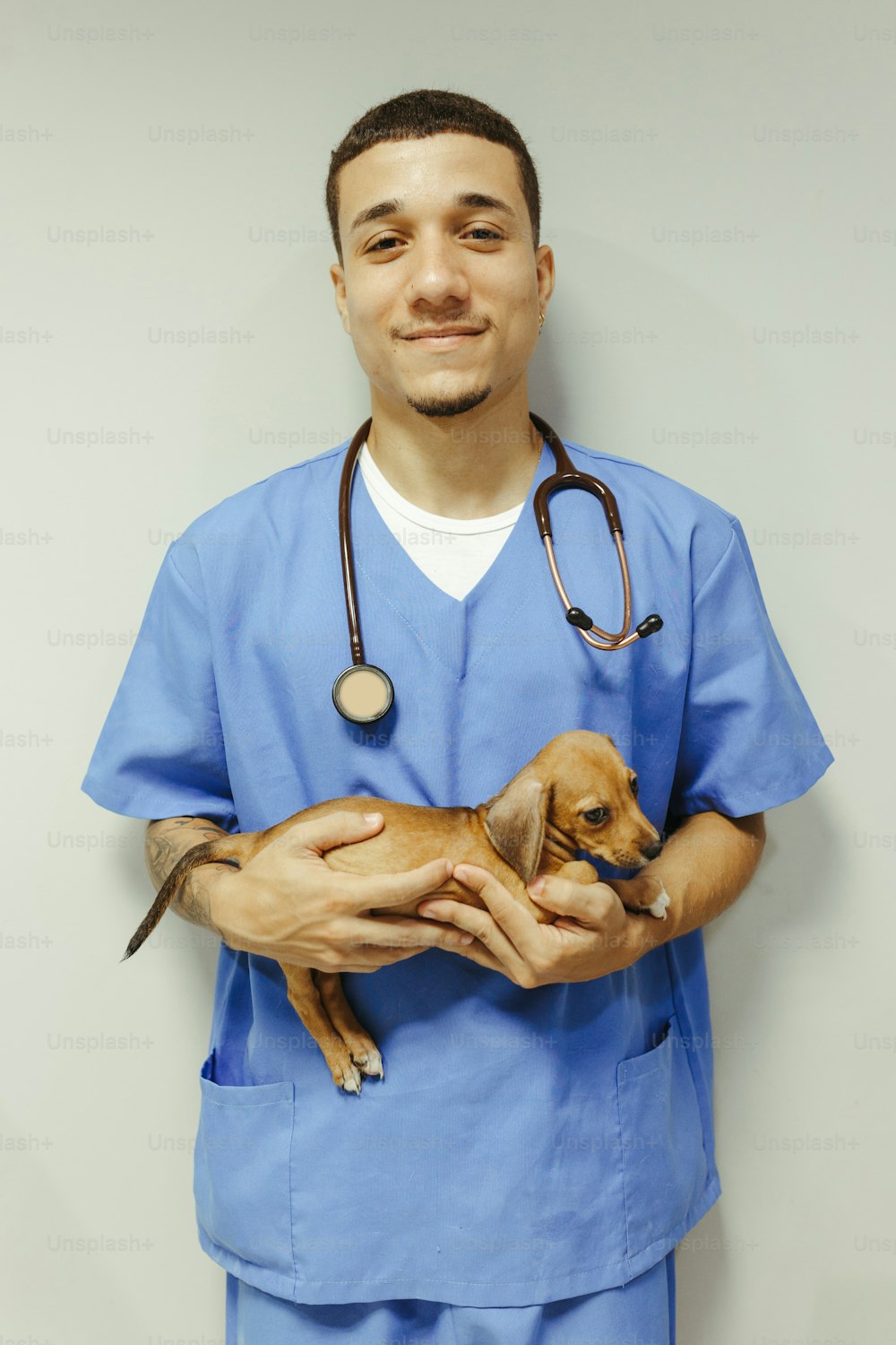 a man in scrubs holding a small dog
