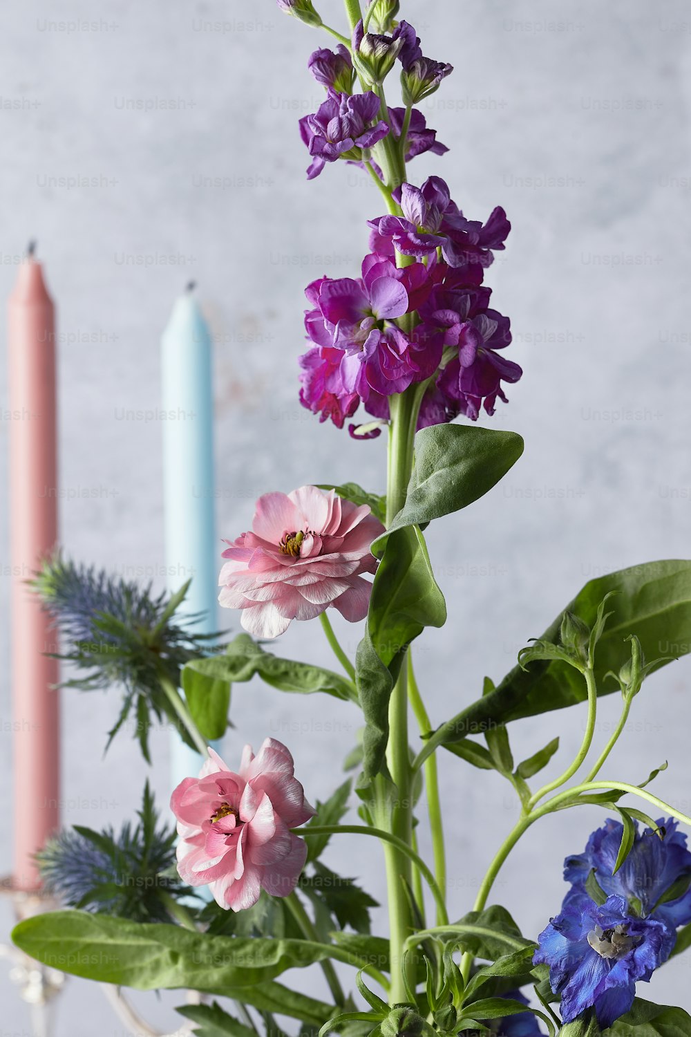 eine Vase gefüllt mit lila Blumen neben zwei Kerzen