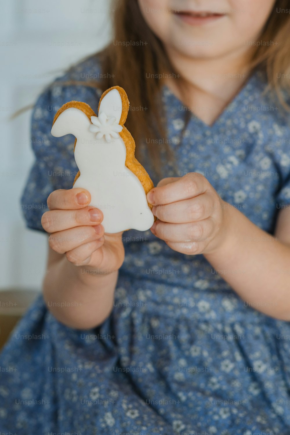 a little girl holding a cookie shaped like a bunny