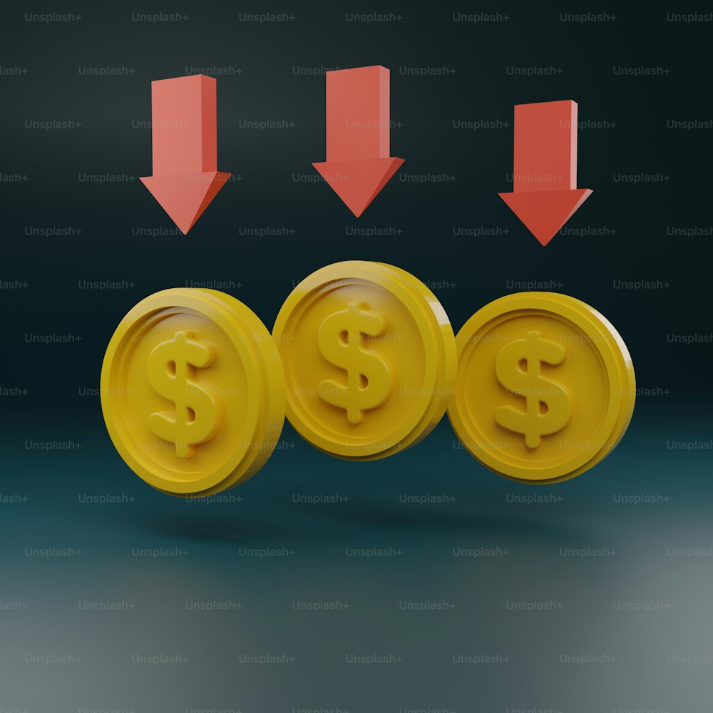 Tres pilas de monedas de oro con flechas apuntando hacia arriba