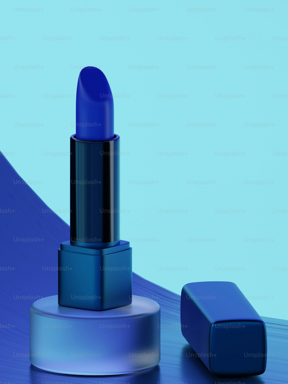 a blue lipstick sitting on top of a table
