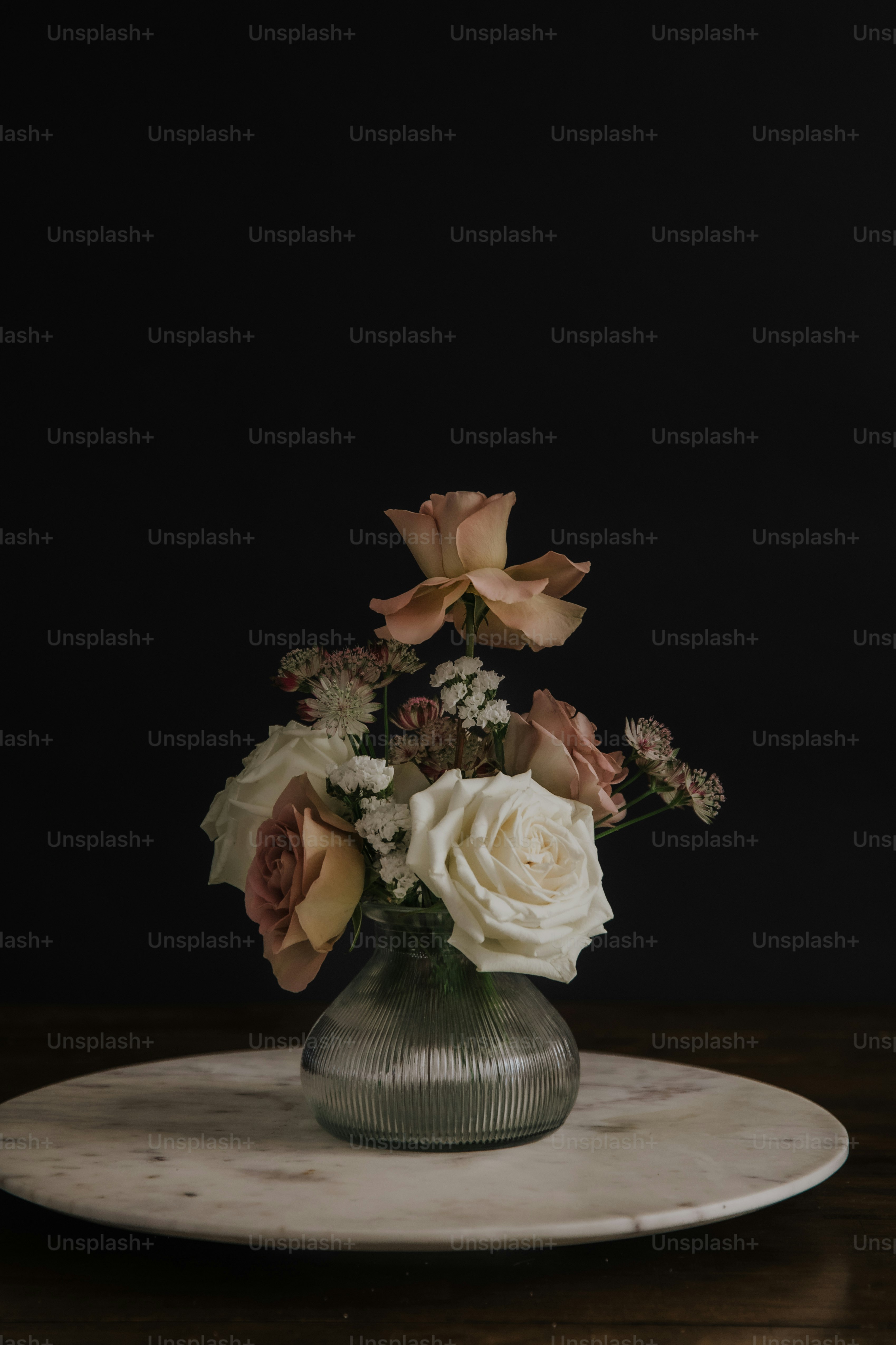 Fresh flower care setup with bouquet in clean glass vase on a bright table