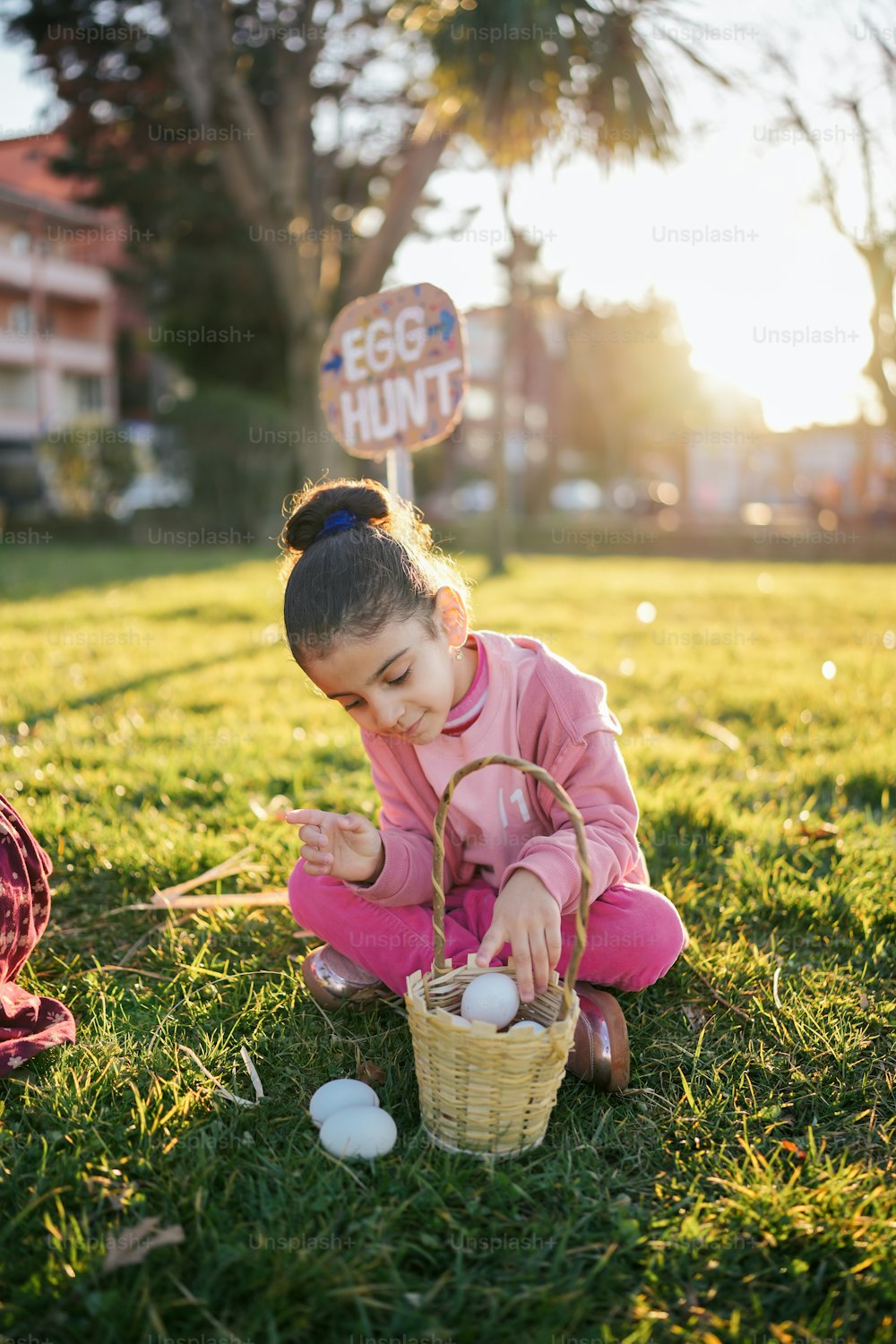 a little girl sitting in the grass with a basket of eggs