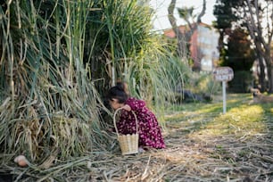 a woman kneeling down next to a bush with a basket