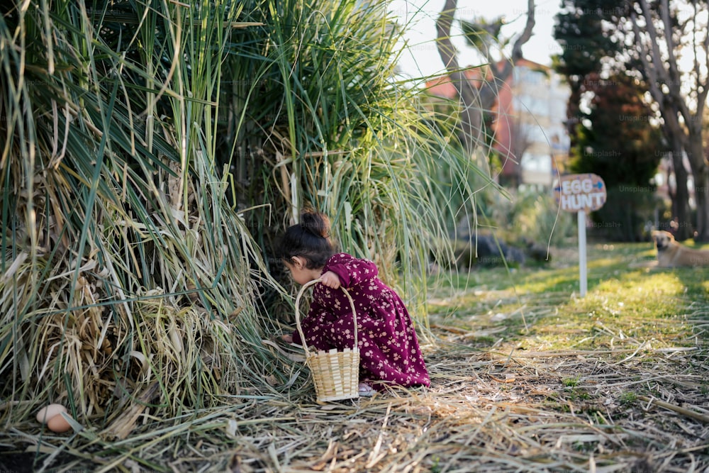 uma mulher ajoelhada ao lado de um arbusto com uma cesta