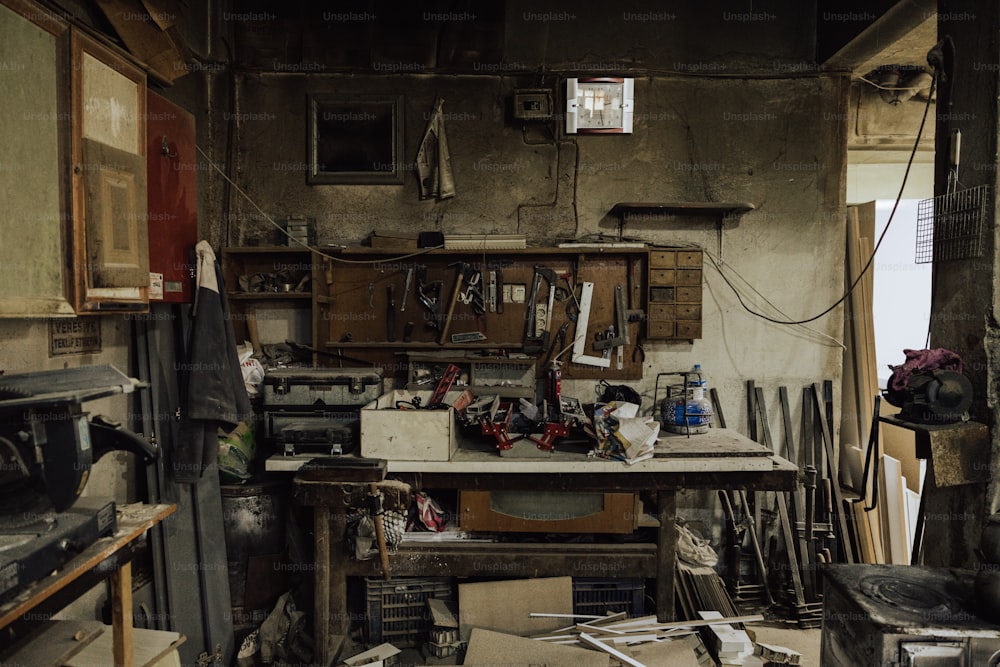 a room filled with lots of clutter and tools