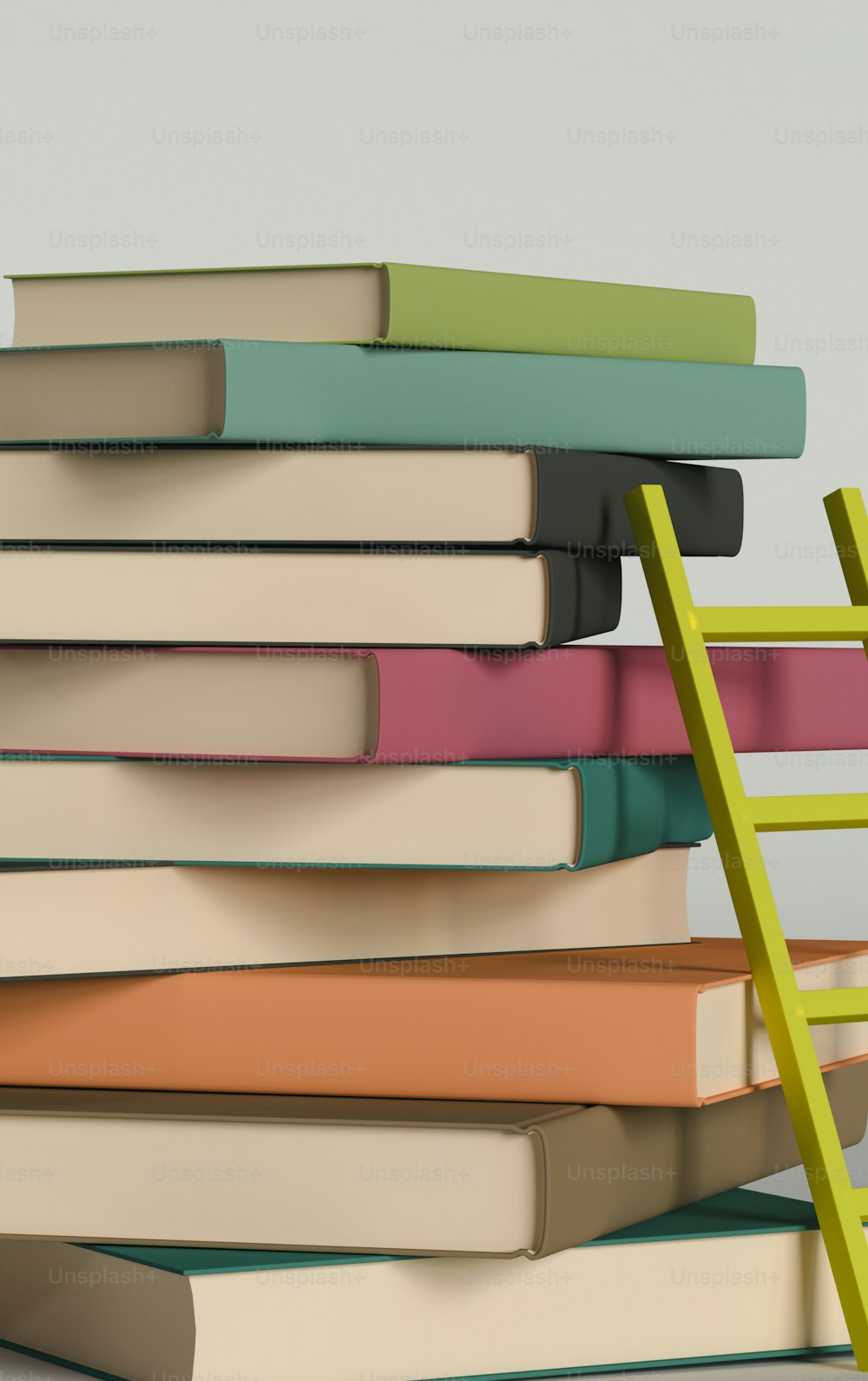 Una pila de libros con una escalera apoyada contra ella