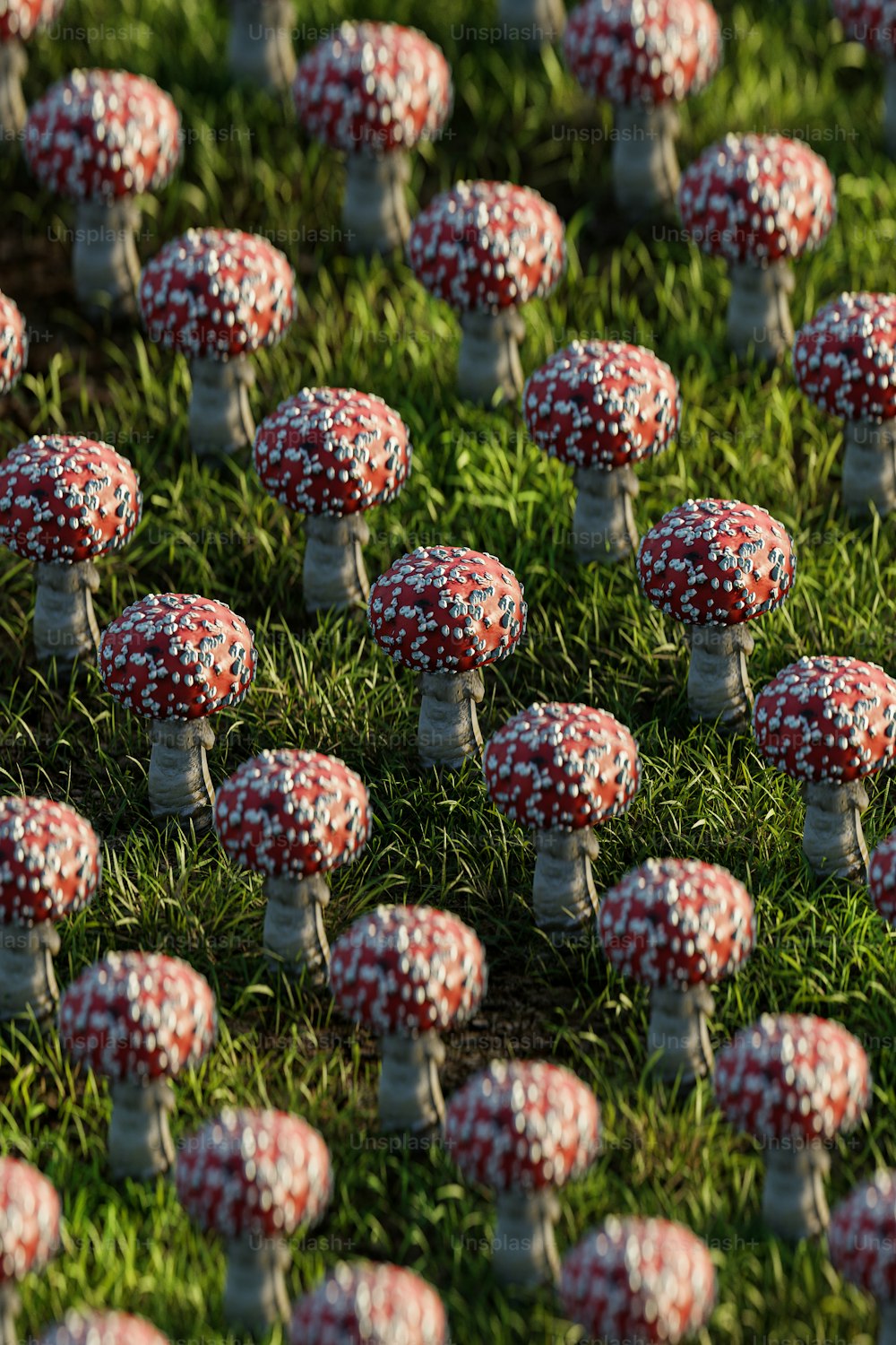 a field full of tiny red and white mushrooms