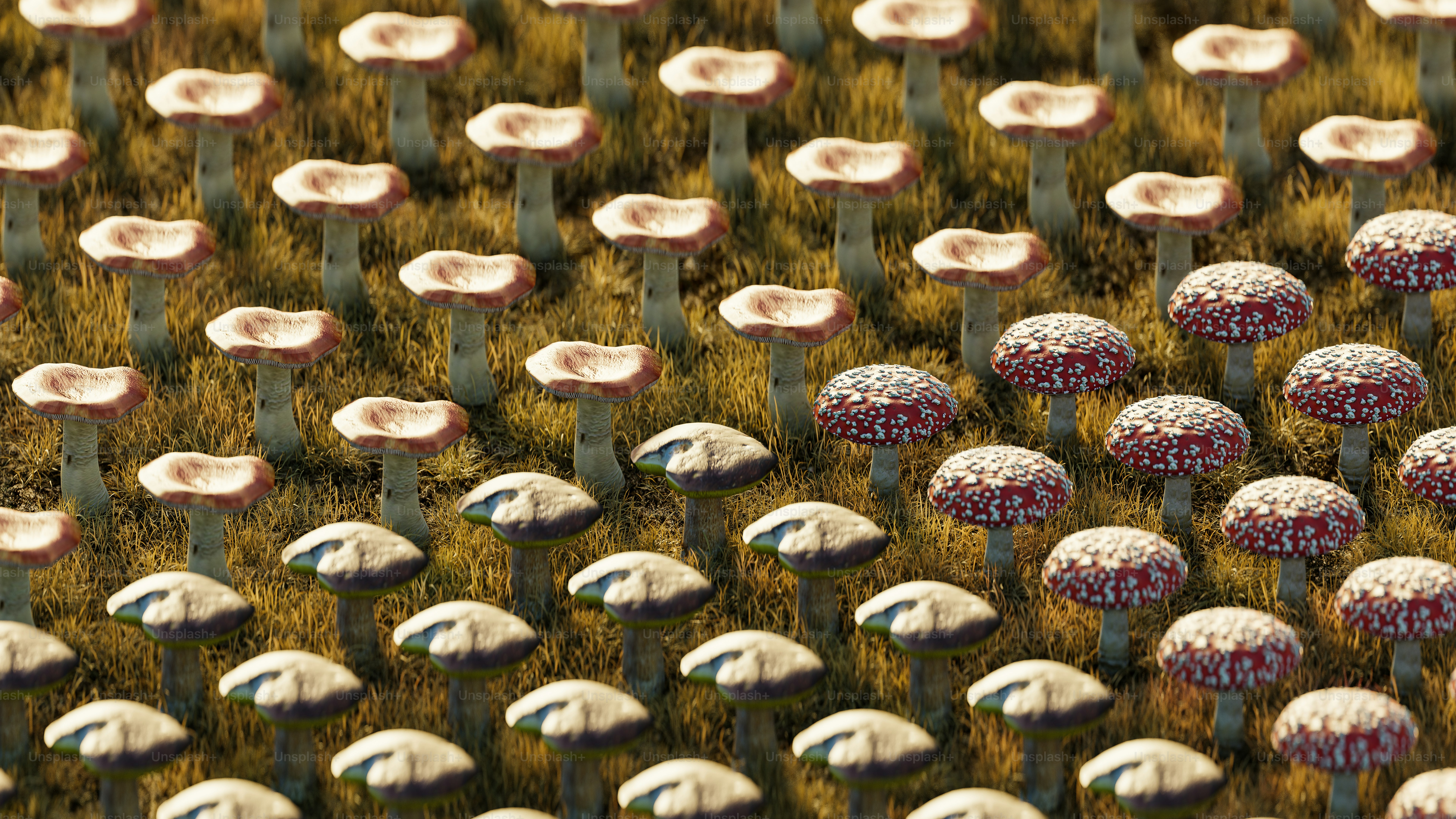 a bunch of mushrooms that are in the grass