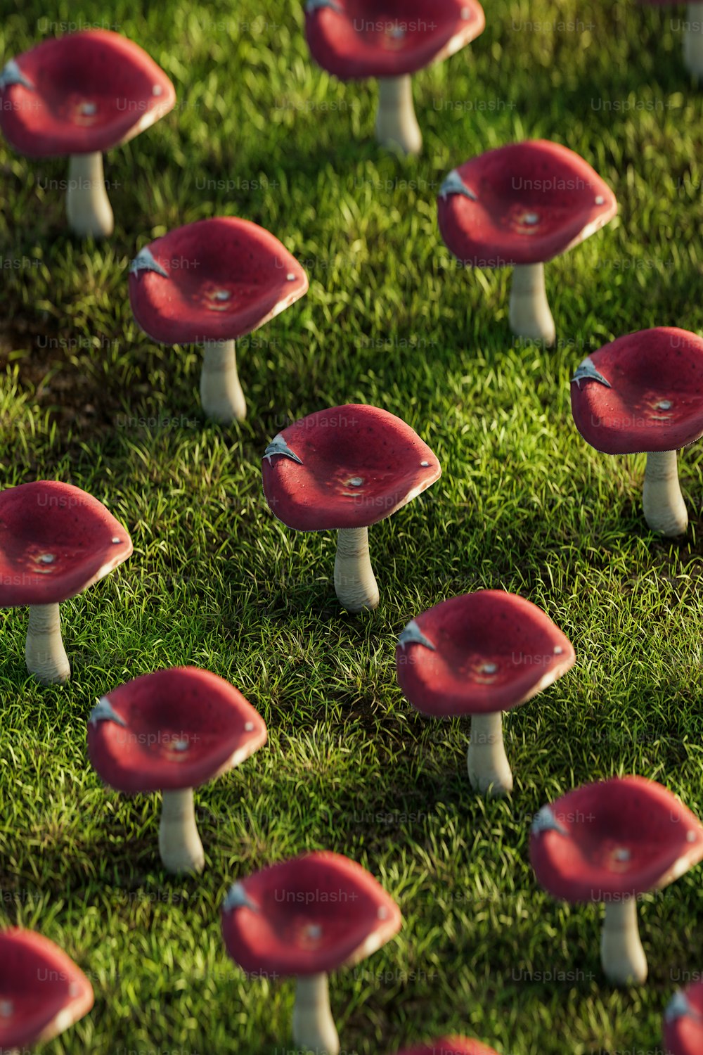 um grupo de cogumelos vermelhos sentados no topo de um campo verde exuberante