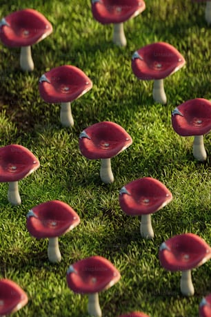 a group of red mushrooms sitting on top of a lush green field