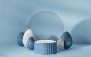 a round mirror sitting on top of a blue table