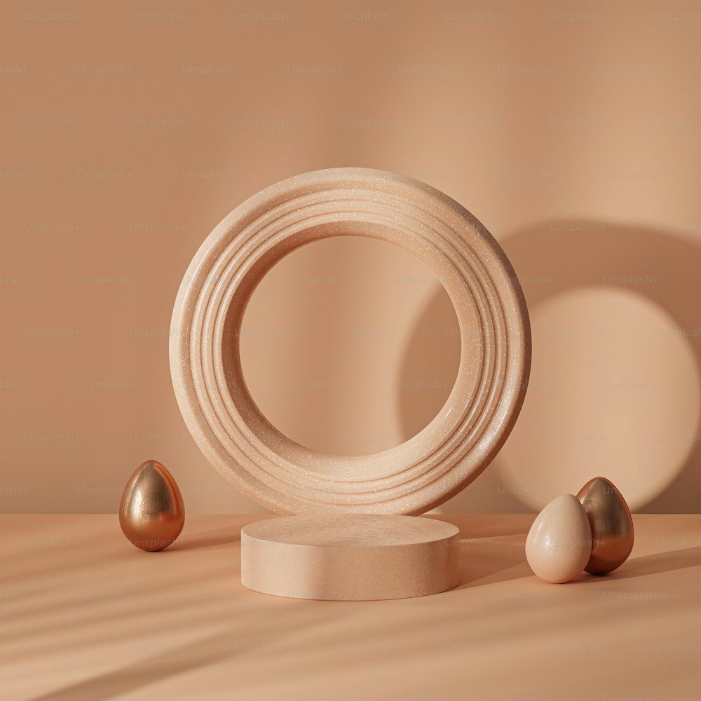 a wooden sculpture with three eggs on a table