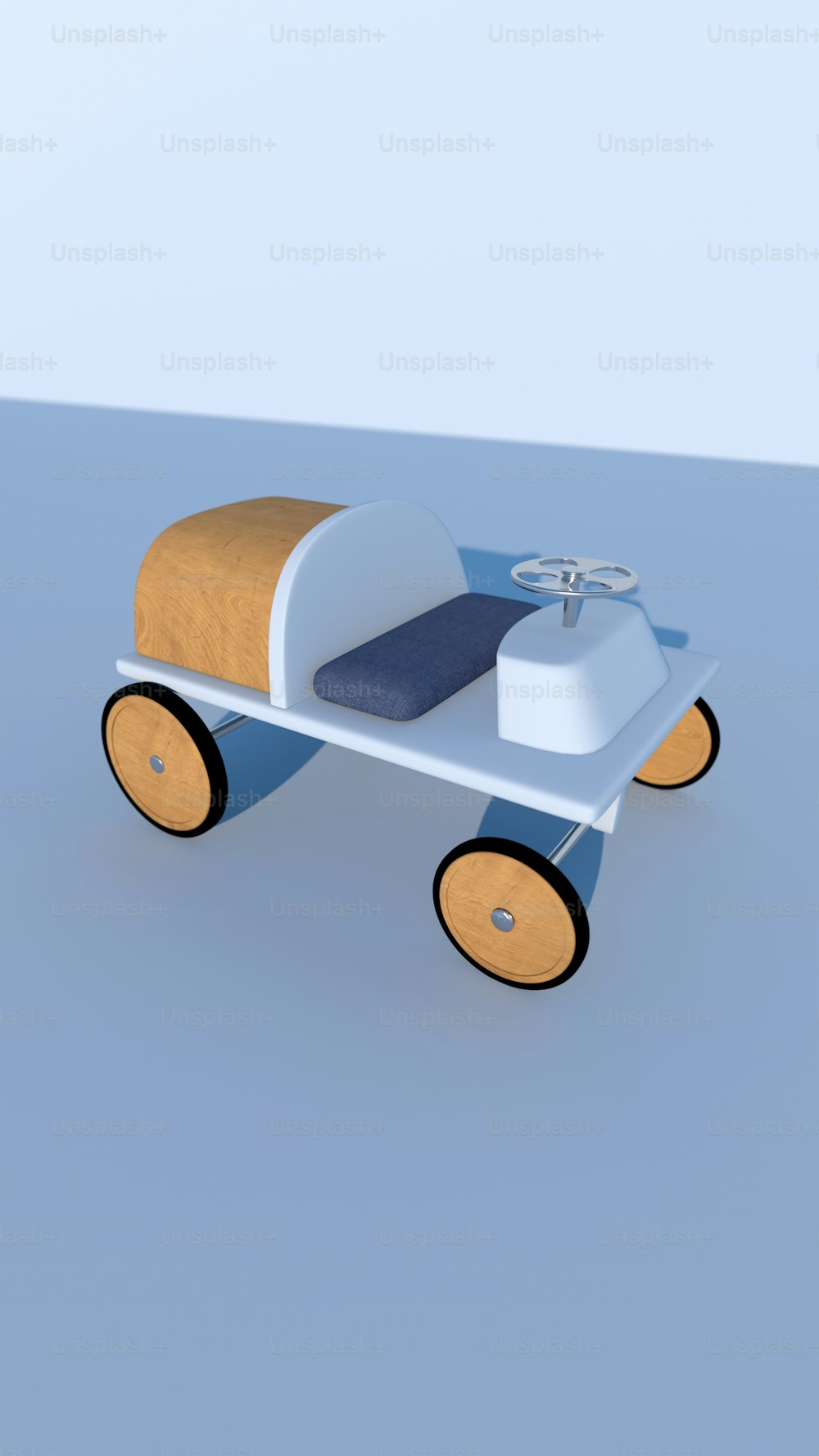 a wooden toy car with a blue seat