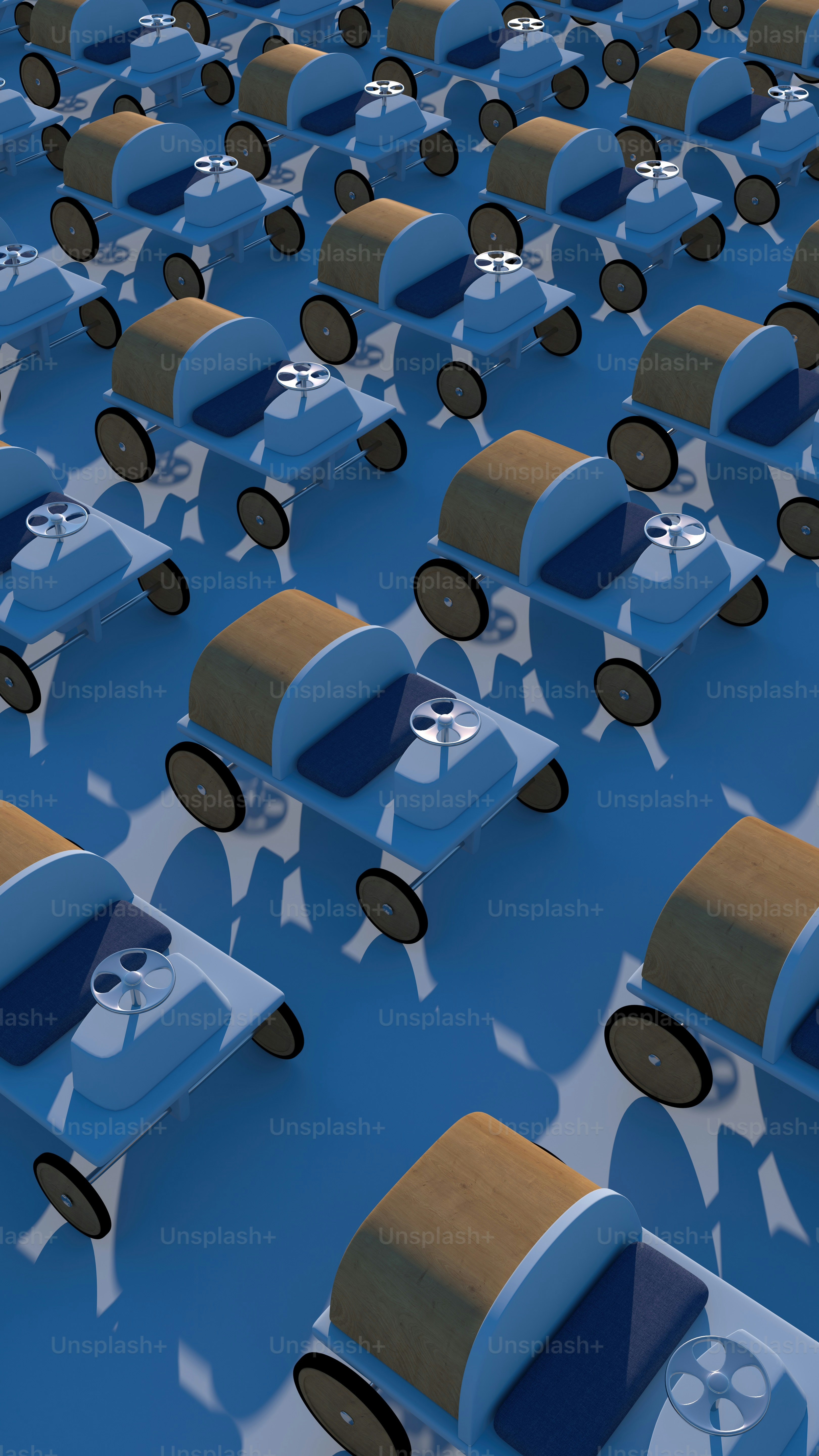 a large group of blue and brown seats