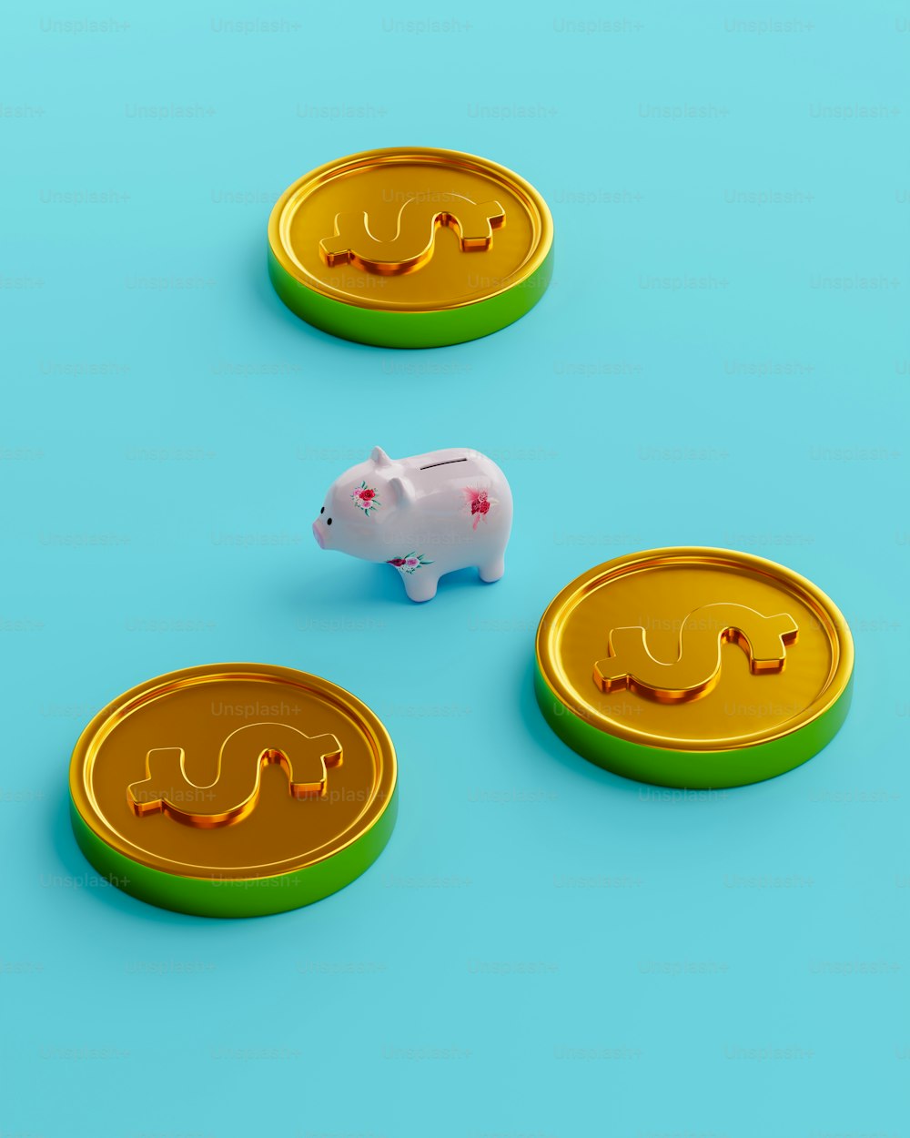 a piggy bank sitting on top of a blue surface