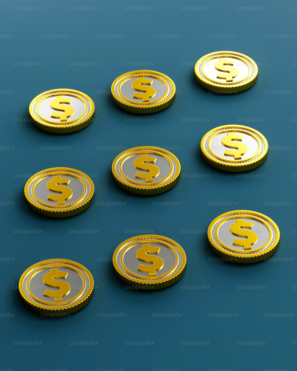 a bunch of gold coins sitting on top of a blue surface
