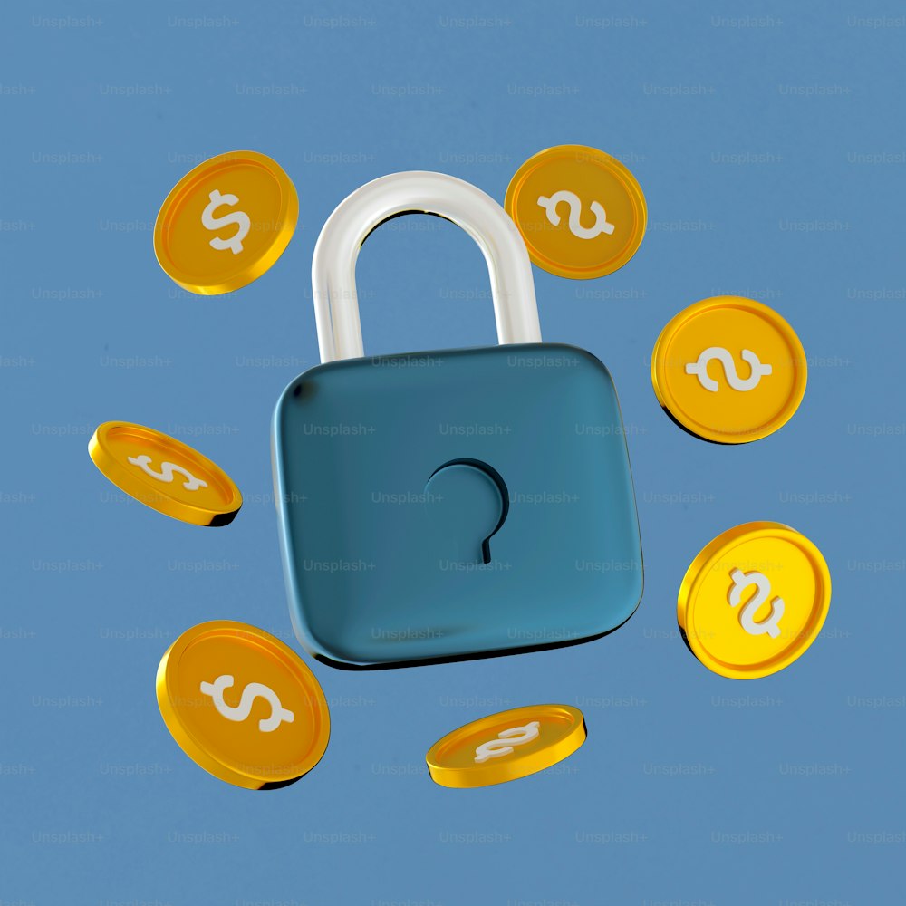 a blue padlock surrounded by gold coins