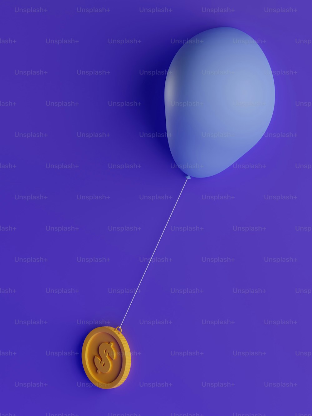 a balloon and a coin on a purple background