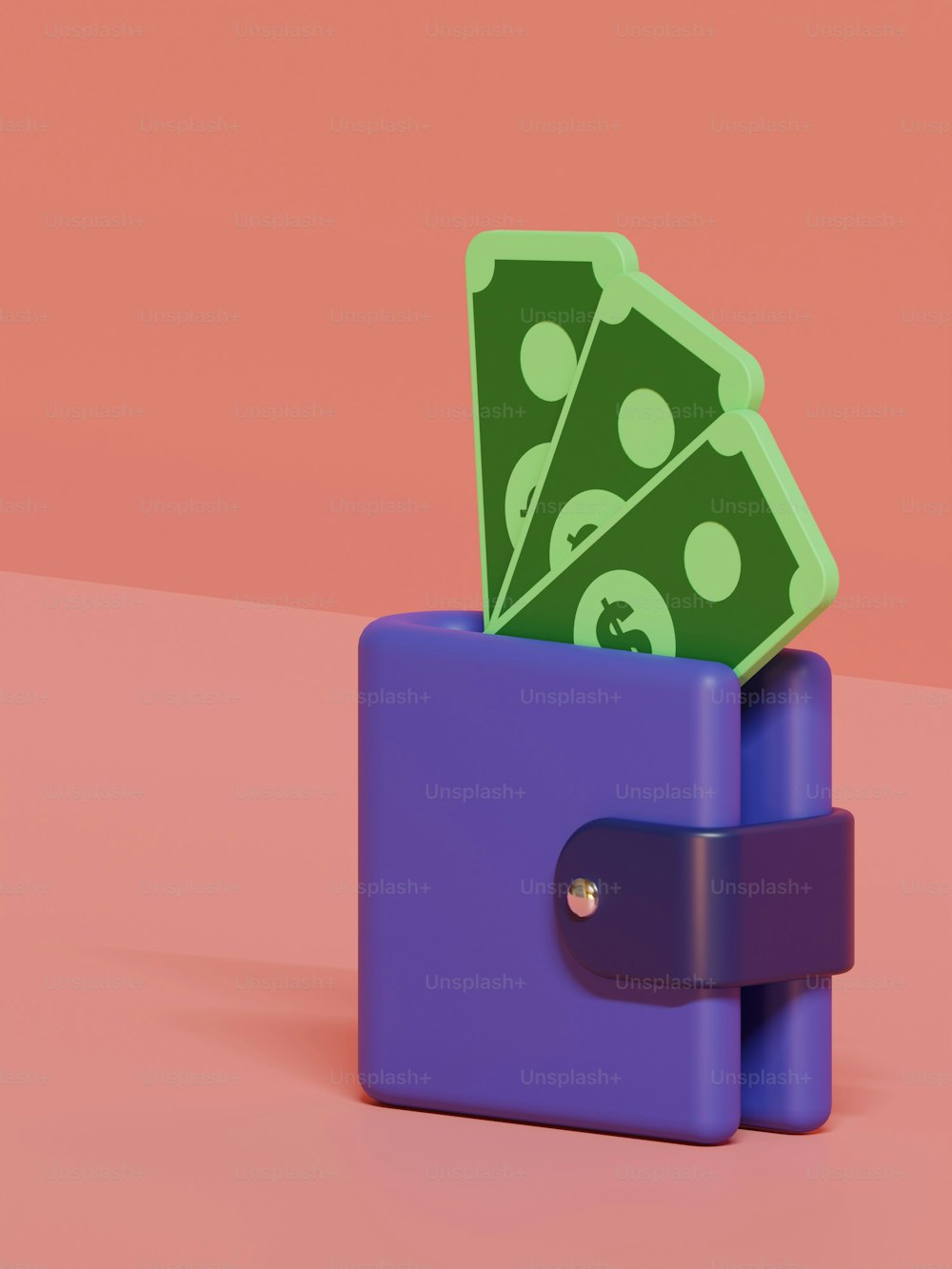 a purple wallet with a green dollar bill sticking out of it