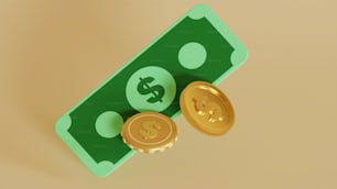 two gold coins sitting on top of a green tray