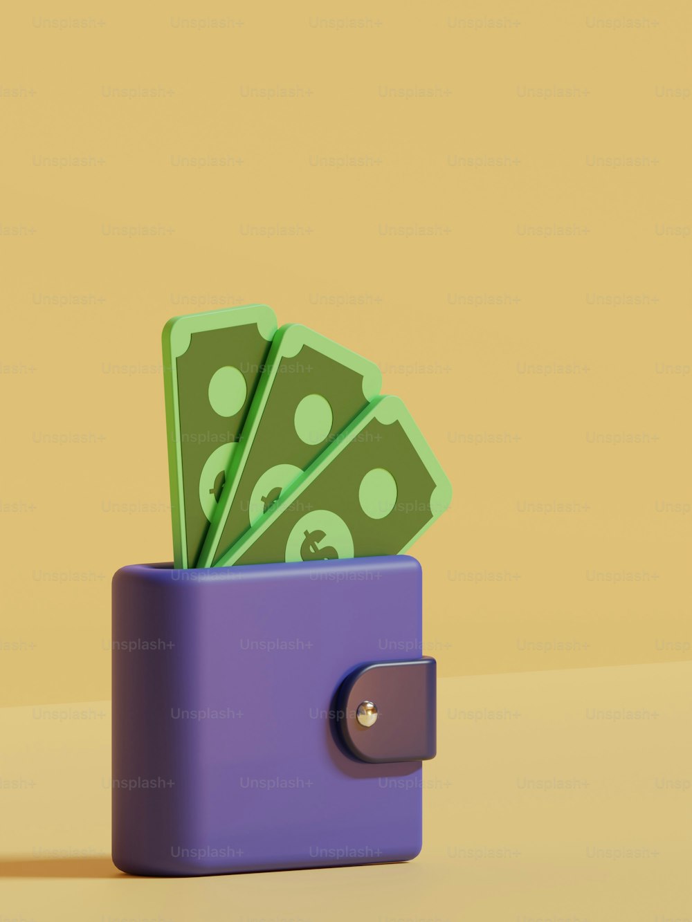 Un portafoglio viola con i soldi che spuntano da esso
